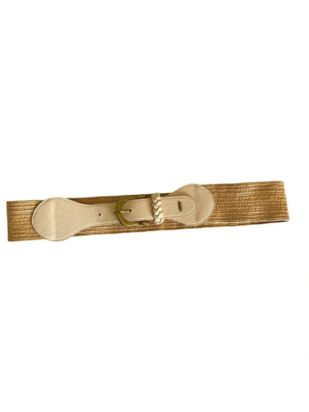 Woven Natural Beige Stretch Belt with faux Leather Accents